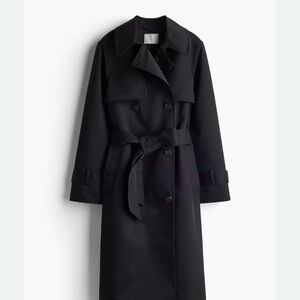 H&M Black Double-Breasted Trench Coat with Waist Tie
